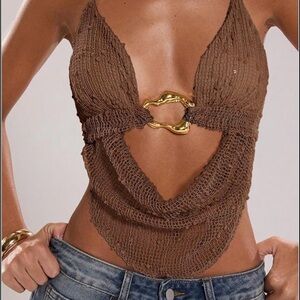Amazon Brown Knit Crop Top with Gold Detail